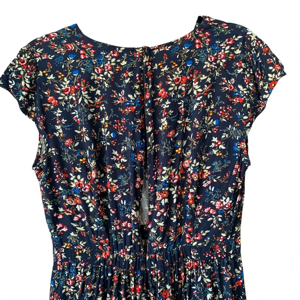 J. Crew navy multi floral print faux wrap‎ cap sleeve ruffle trim dress. Size 8